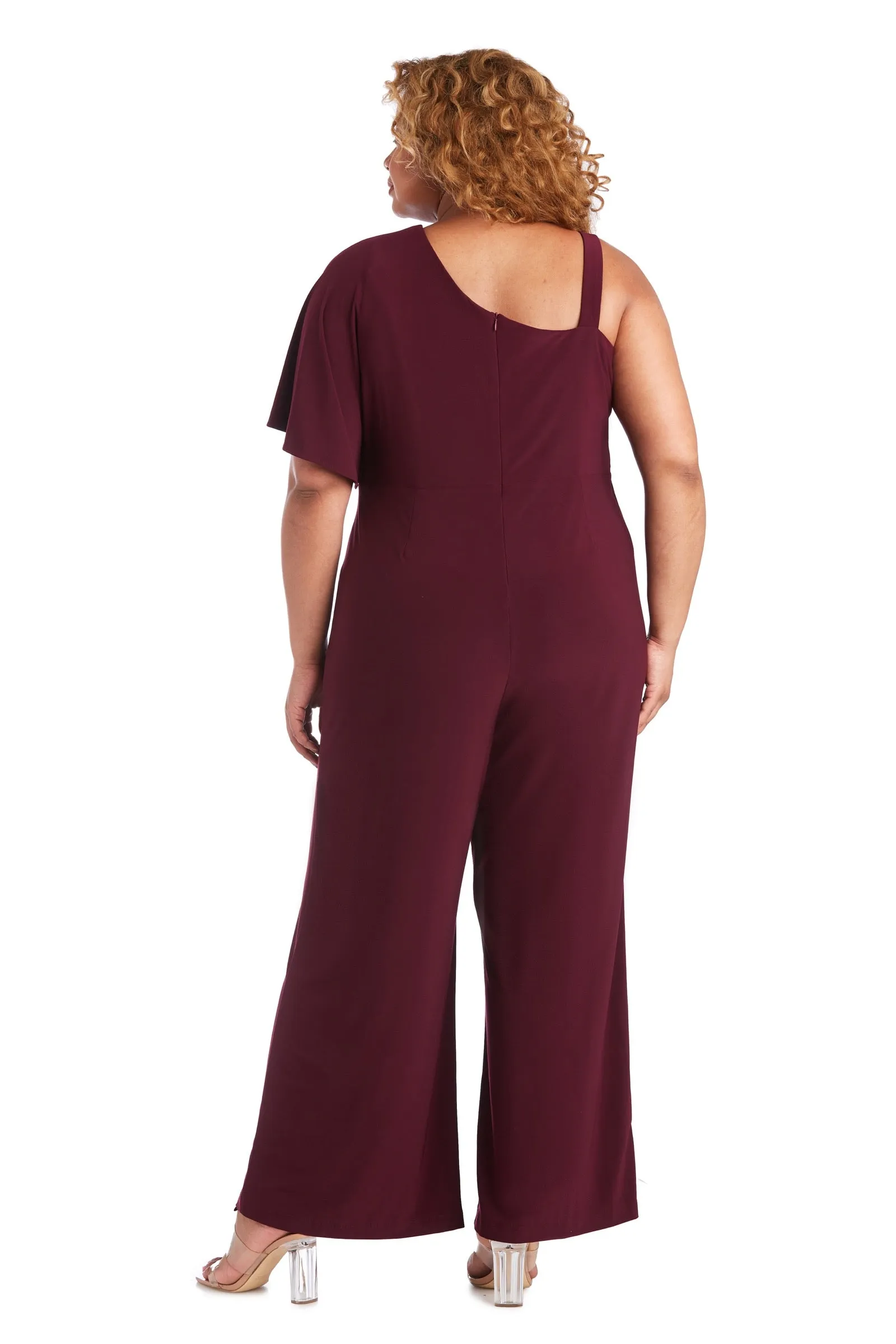 Plus Size Flared Jumpsuit with Single Shoulder, Overlay, and Draped Sleeves