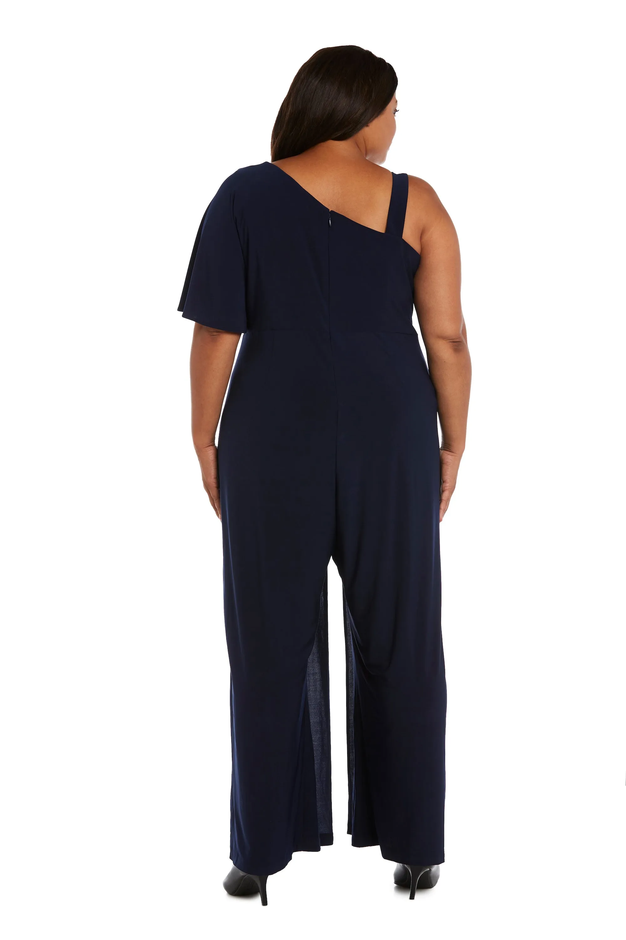 Plus Size Flared Jumpsuit with Single Shoulder, Overlay, and Draped Sleeves