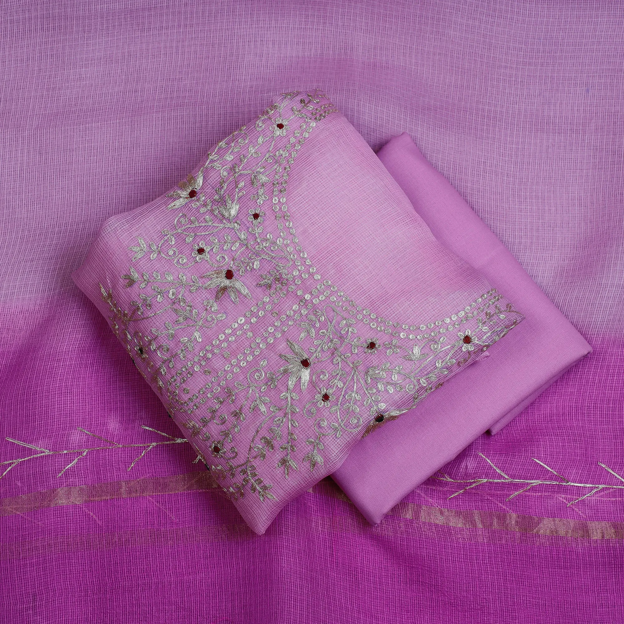 Purple - 3pc Kota Doria Silk Dress Material with Pitta Work