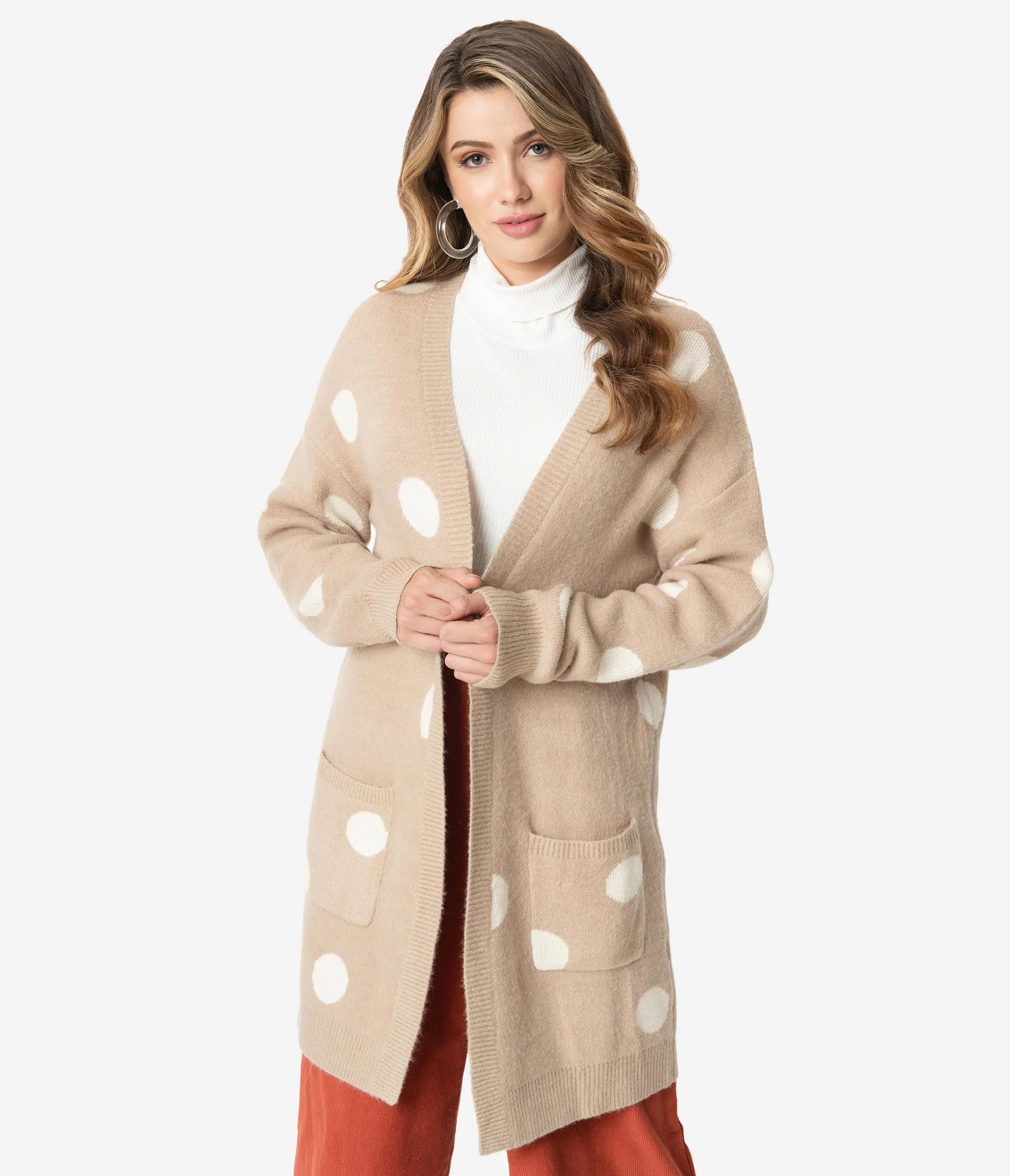 Retro Style Taupe & Ivory Polka Dot Open Long Cardigan