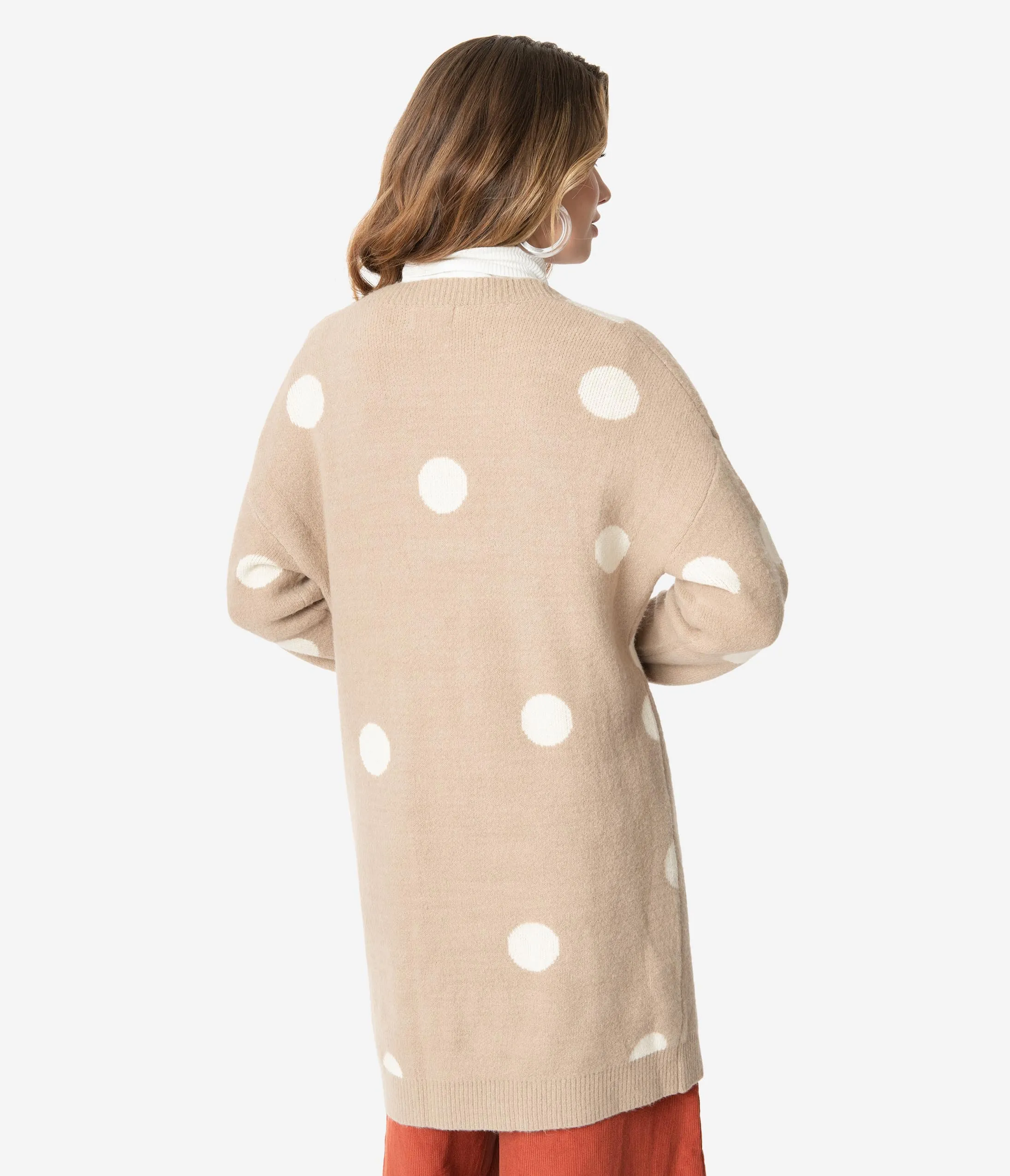 Retro Style Taupe & Ivory Polka Dot Open Long Cardigan