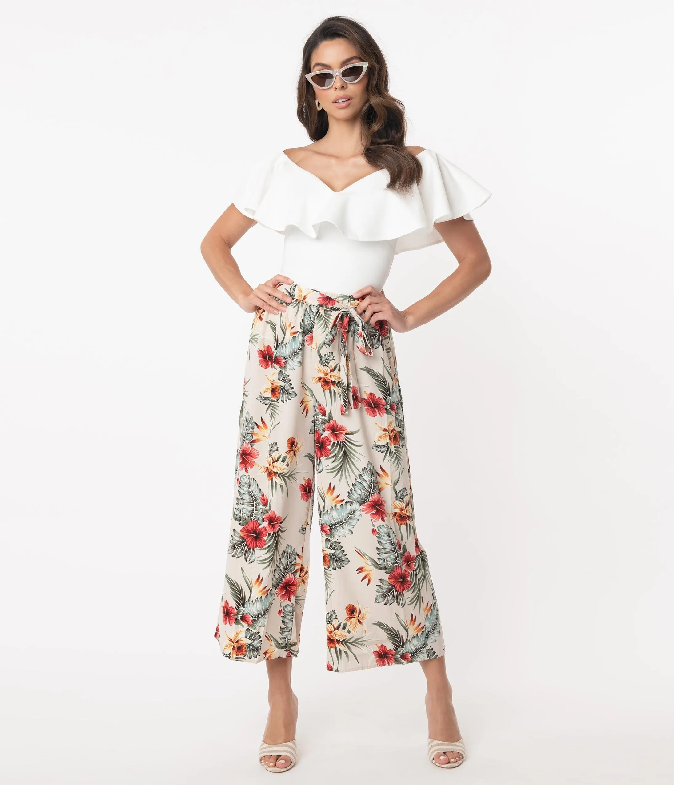 Retro Style Tropical Print Wide Leg Culotte