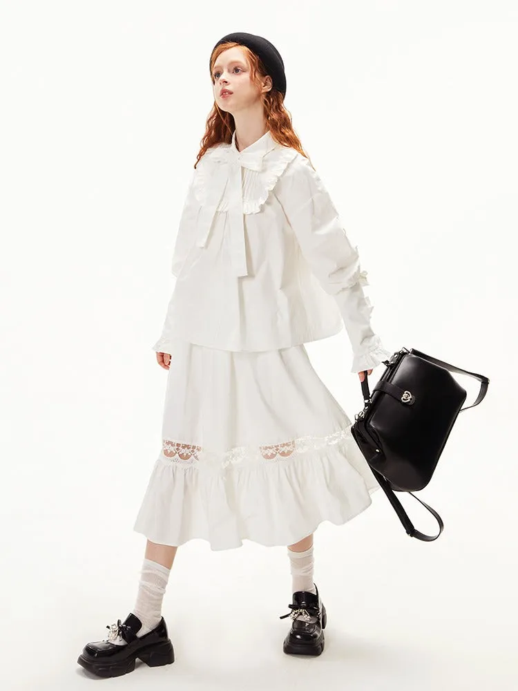 Ruffled Ribbon Shirt & Splicing Lace Skirt【s0000003552】