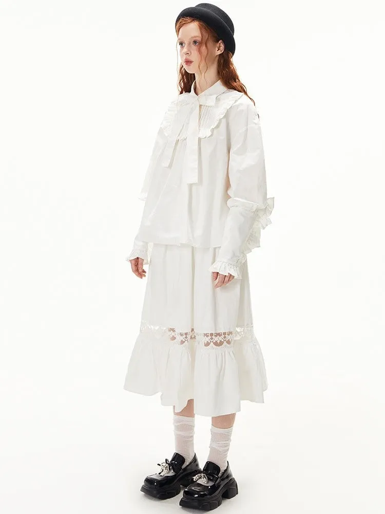 Ruffled Ribbon Shirt & Splicing Lace Skirt【s0000003552】