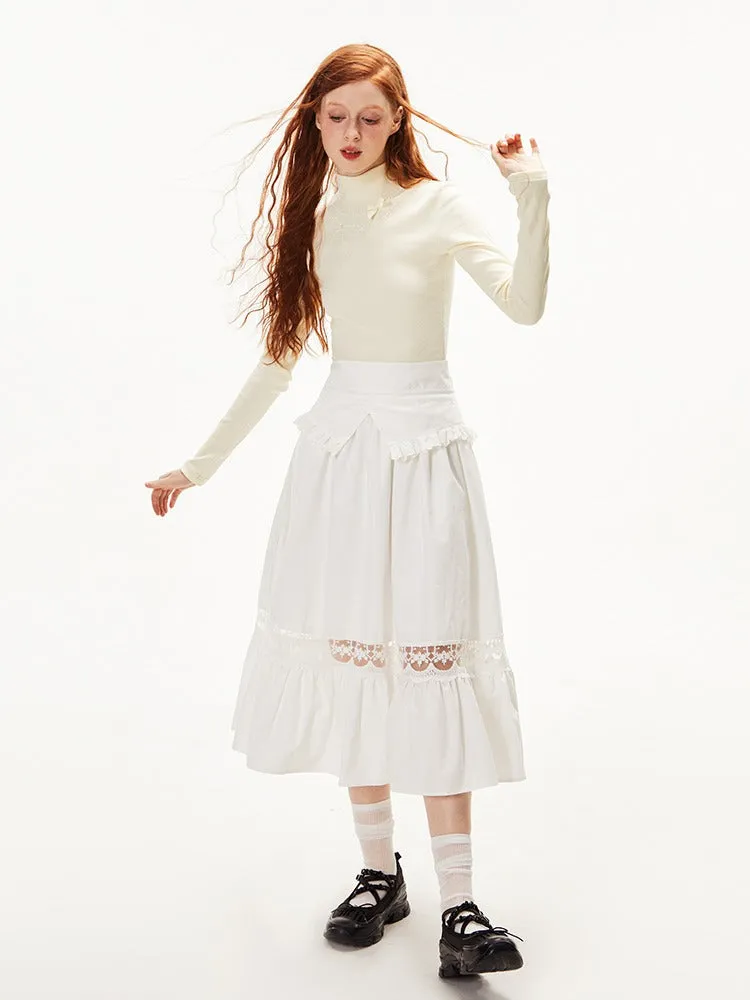 Ruffled Ribbon Shirt & Splicing Lace Skirt【s0000003552】