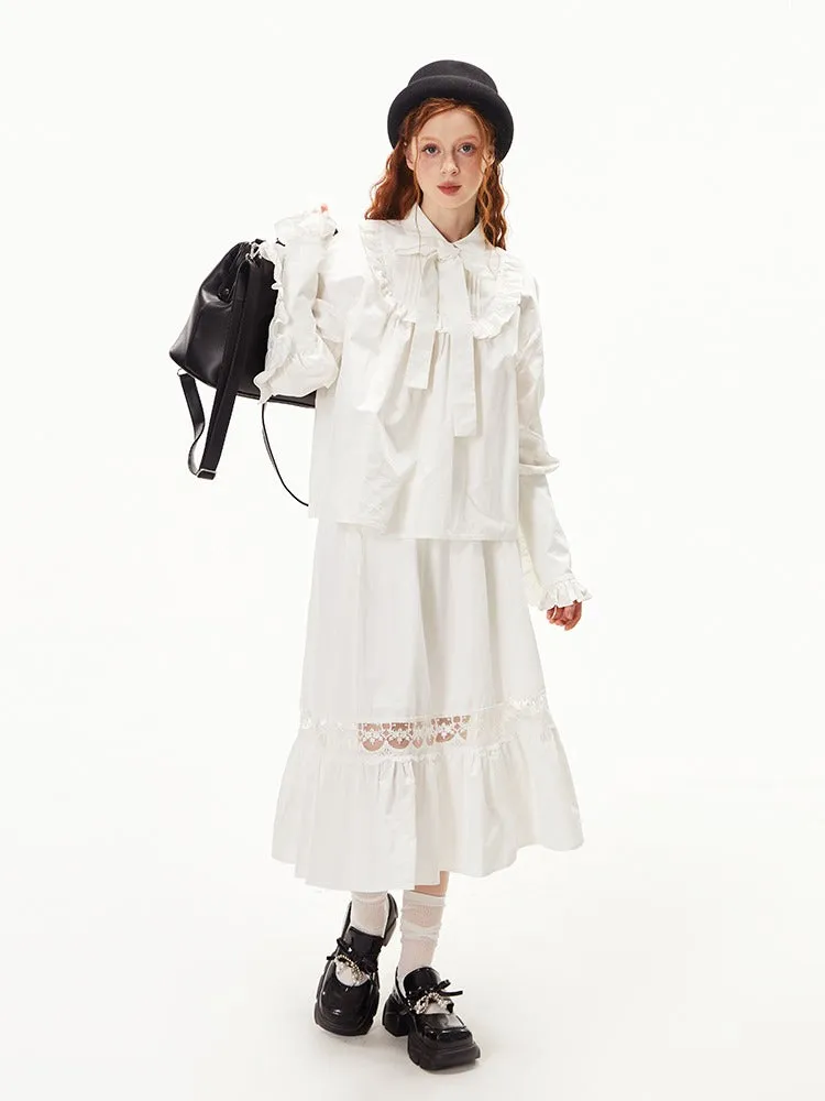 Ruffled Ribbon Shirt & Splicing Lace Skirt【s0000003552】