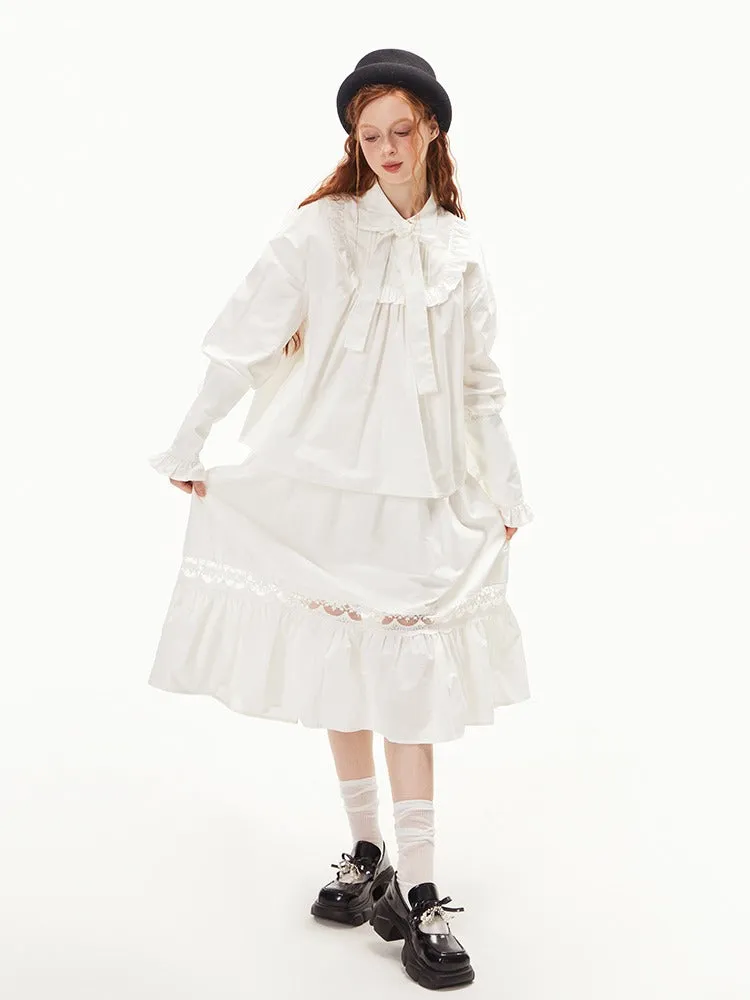 Ruffled Ribbon Shirt & Splicing Lace Skirt【s0000003552】