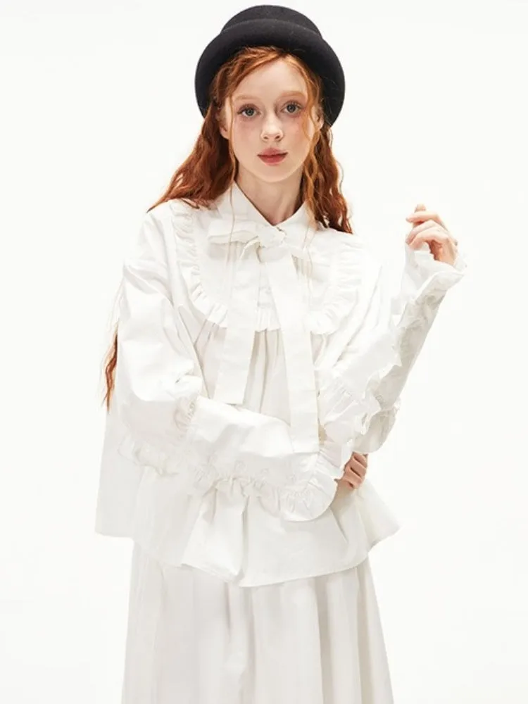 Ruffled Ribbon Shirt & Splicing Lace Skirt【s0000003552】