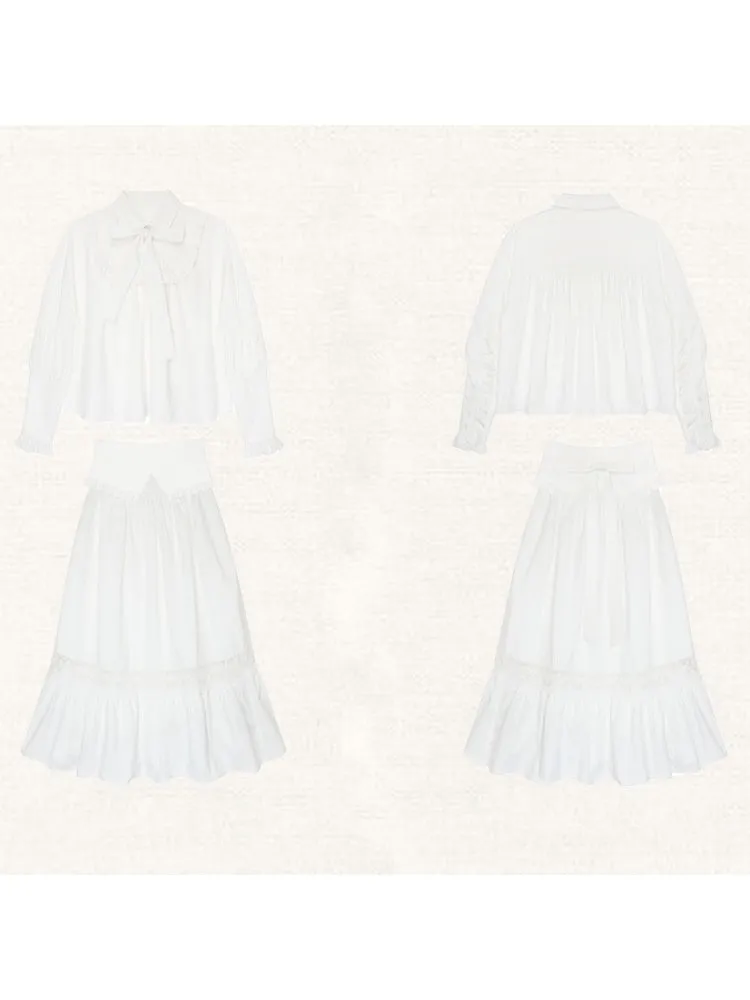 Ruffled Ribbon Shirt & Splicing Lace Skirt【s0000003552】