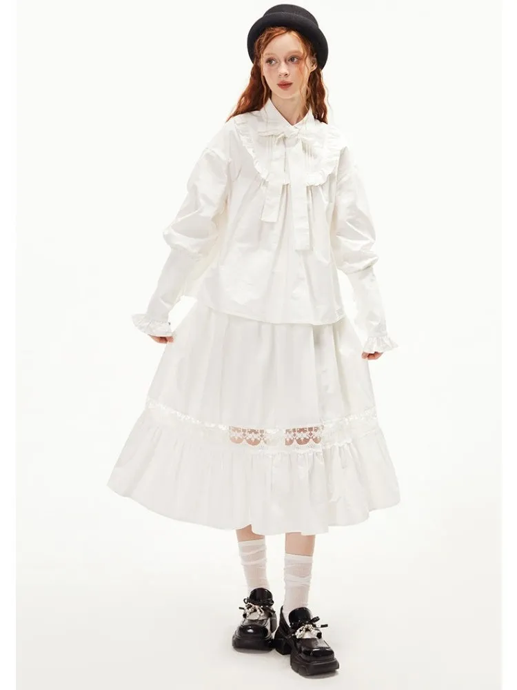 Ruffled Ribbon Shirt & Splicing Lace Skirt【s0000003552】