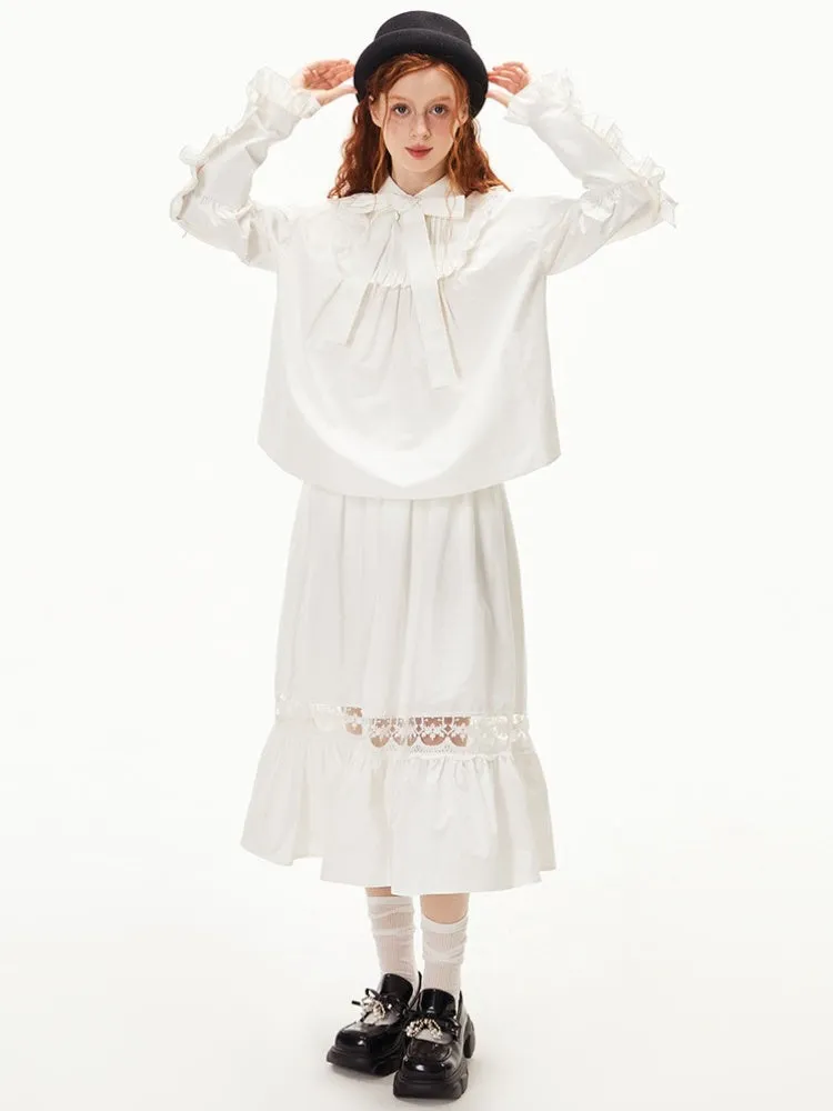 Ruffled Ribbon Shirt & Splicing Lace Skirt【s0000003552】