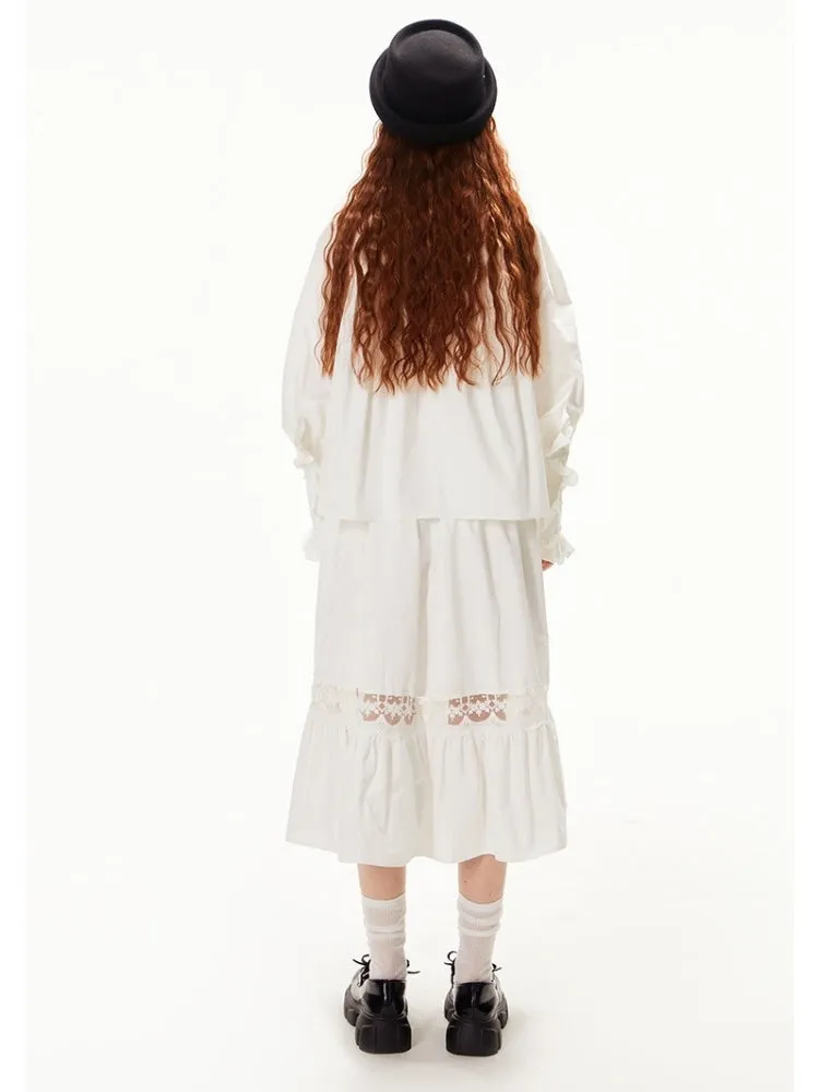 Ruffled Ribbon Shirt & Splicing Lace Skirt【s0000003552】