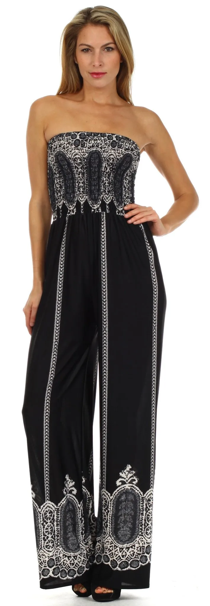 Sakkas Fleur de Paisley Smocked Tube Top Wide Leg Jumpsuit