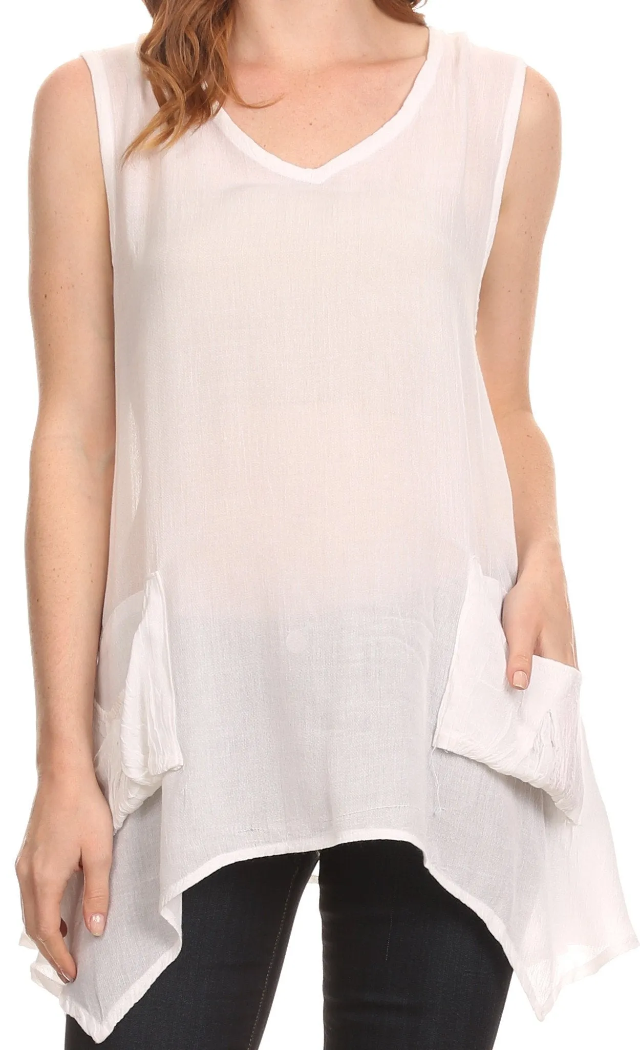 Sakkas Oprah Sleeveless Tank Side Tail Blouse Shirt Top With Two Front Pockets