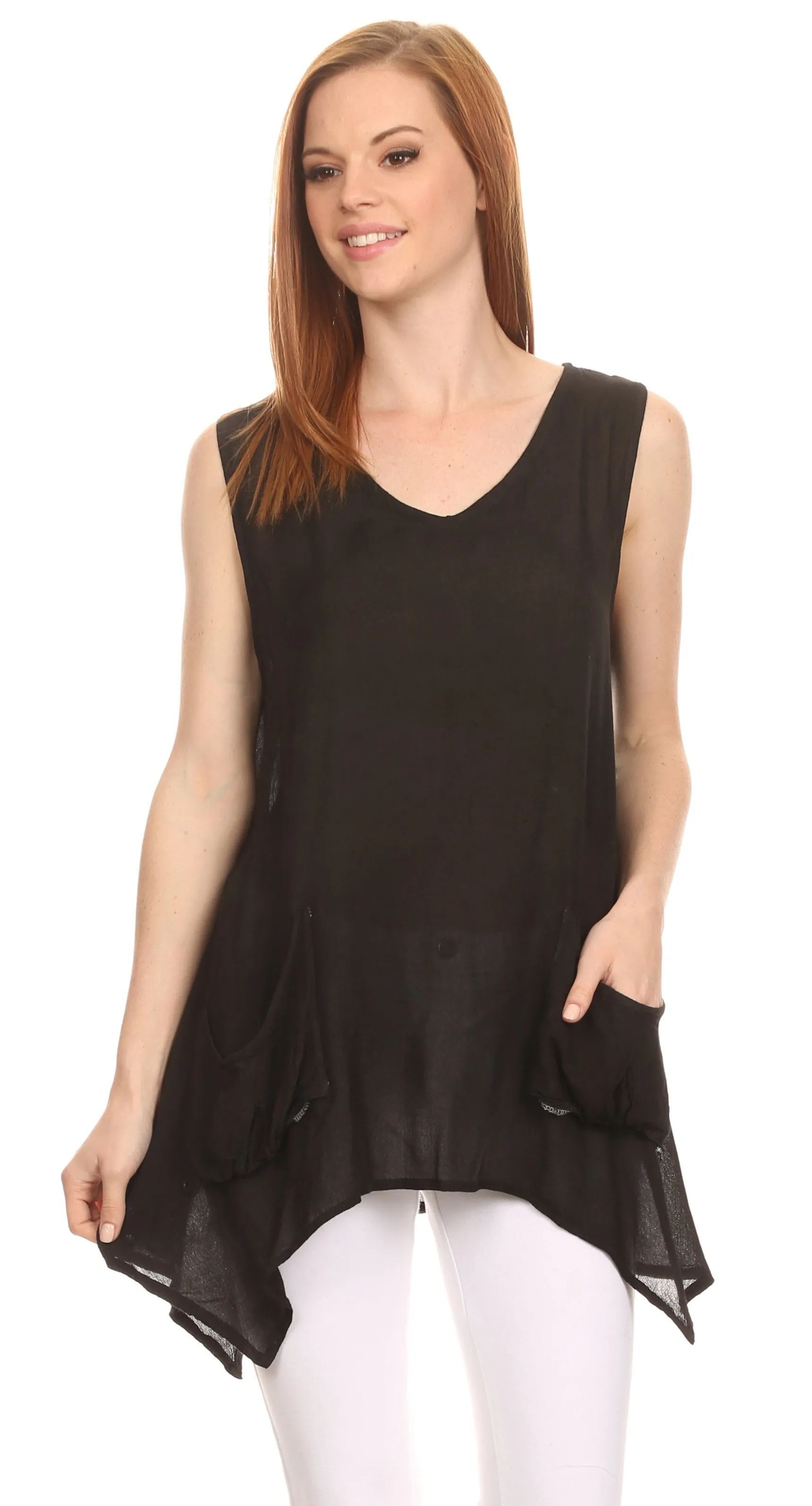 Sakkas Oprah Sleeveless Tank Side Tail Blouse Shirt Top With Two Front Pockets