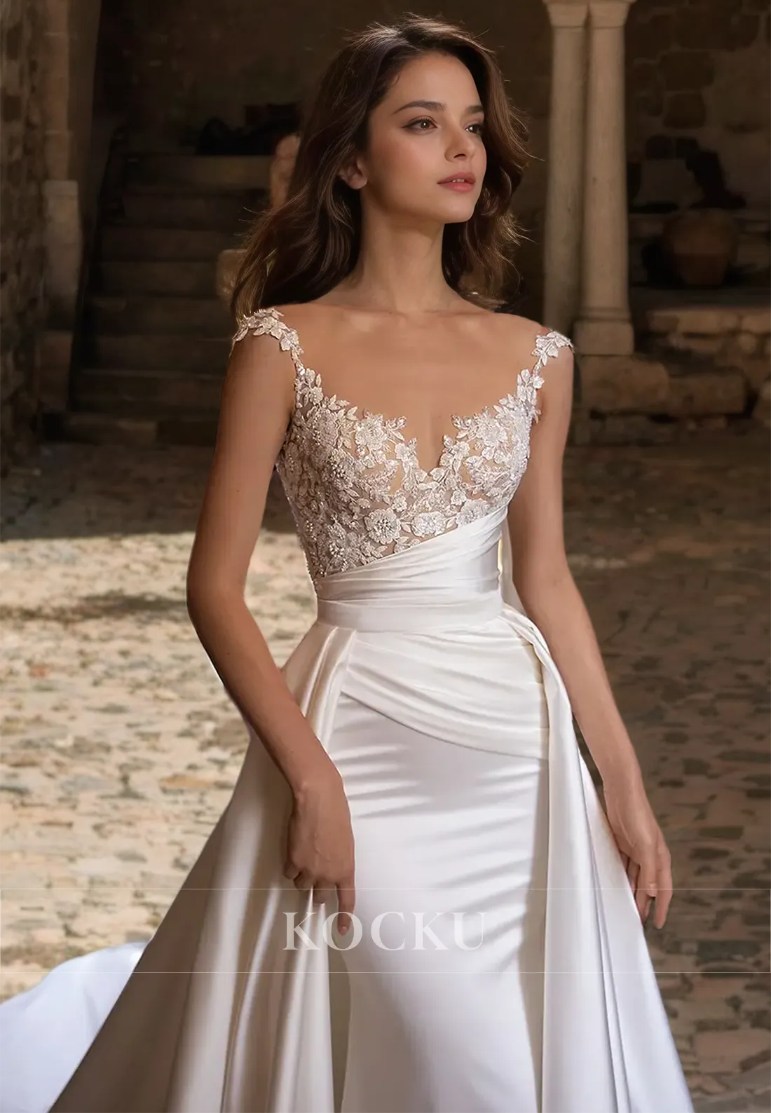 Scoop Neck Mermaid Wedding Gowns Sleeveless Appliques Beads Bridal Dress with Detachable Overskirt