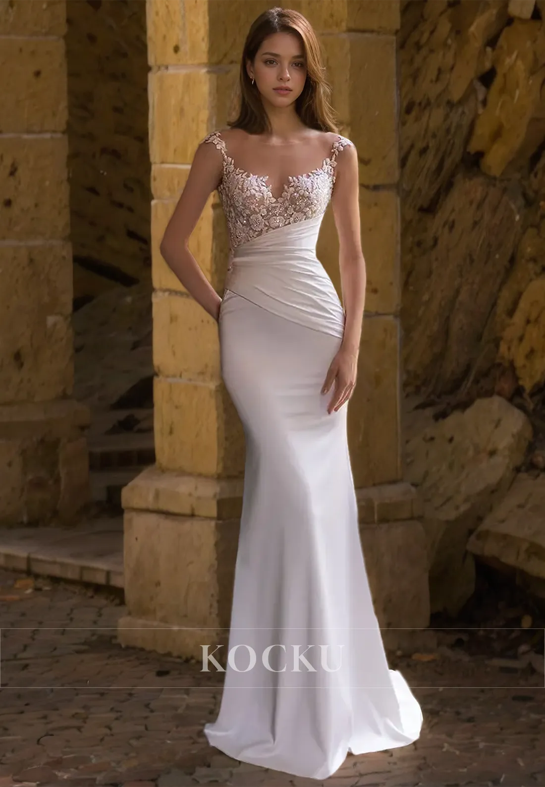 Scoop Neck Mermaid Wedding Gowns Sleeveless Appliques Beads Bridal Dress with Detachable Overskirt