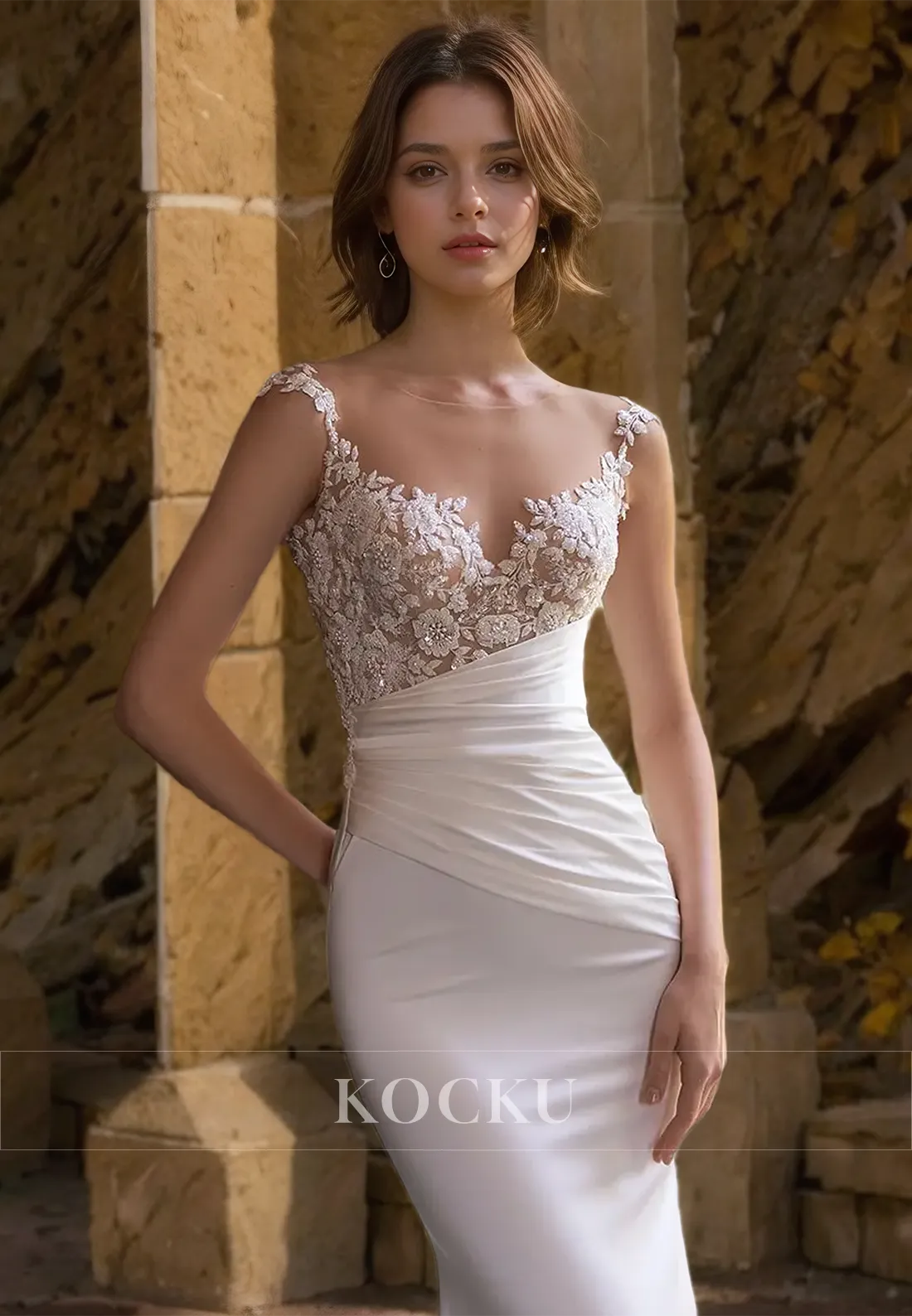 Scoop Neck Mermaid Wedding Gowns Sleeveless Appliques Beads Bridal Dress with Detachable Overskirt