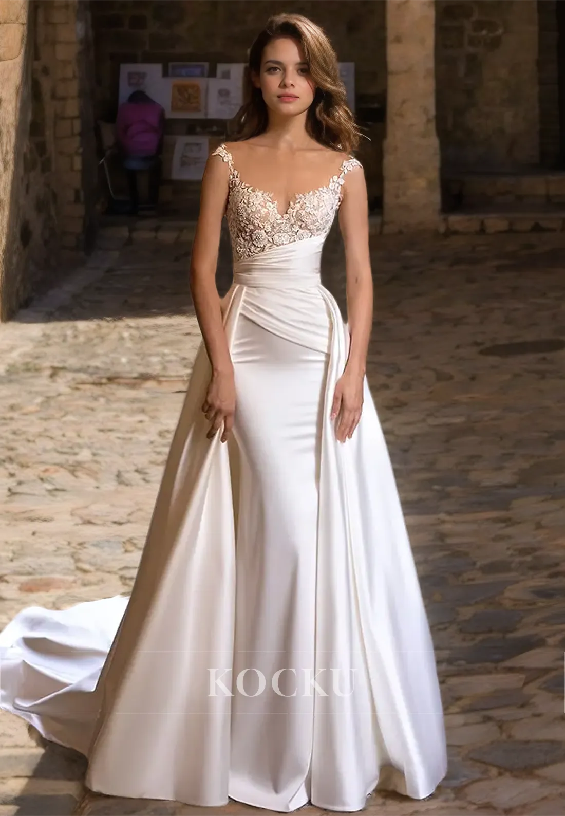 Scoop Neck Mermaid Wedding Gowns Sleeveless Appliques Beads Bridal Dress with Detachable Overskirt