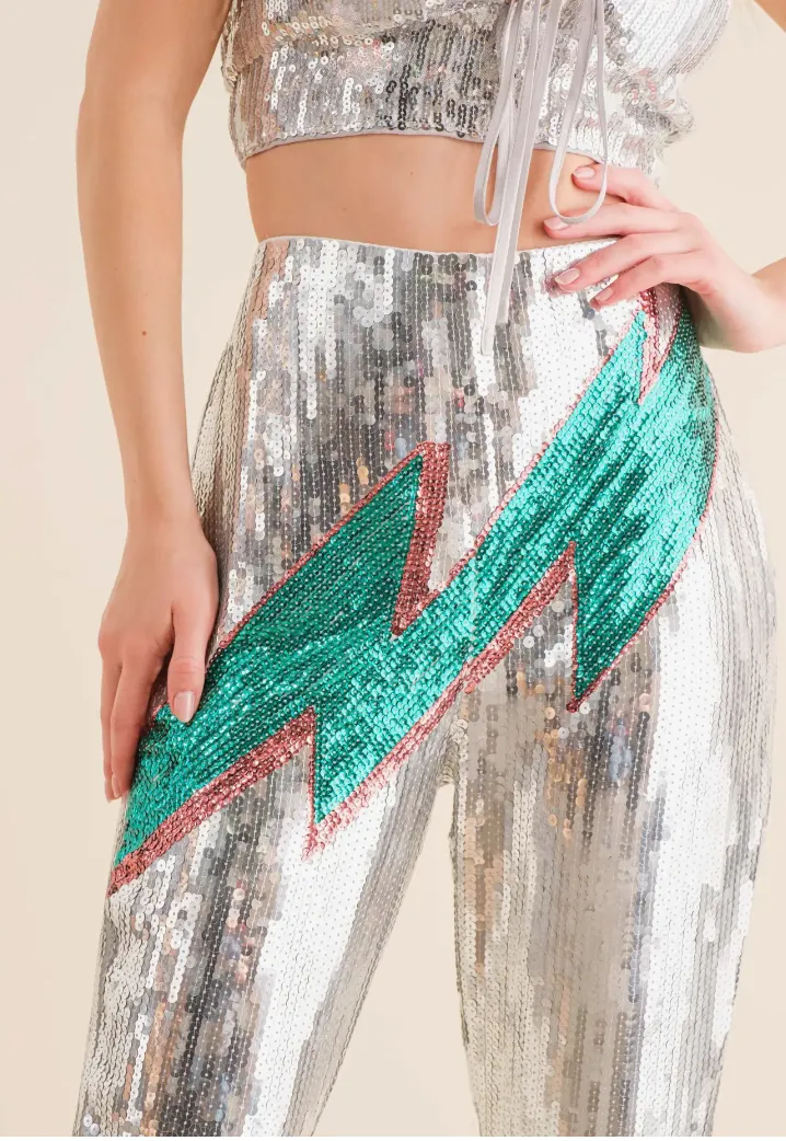 Sequin Flare Thunderbolt Print Pants