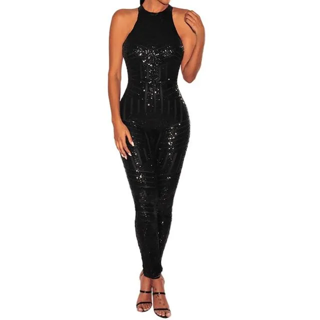 Sequin O-Neck Sequin Sleeveless Jumpsuit