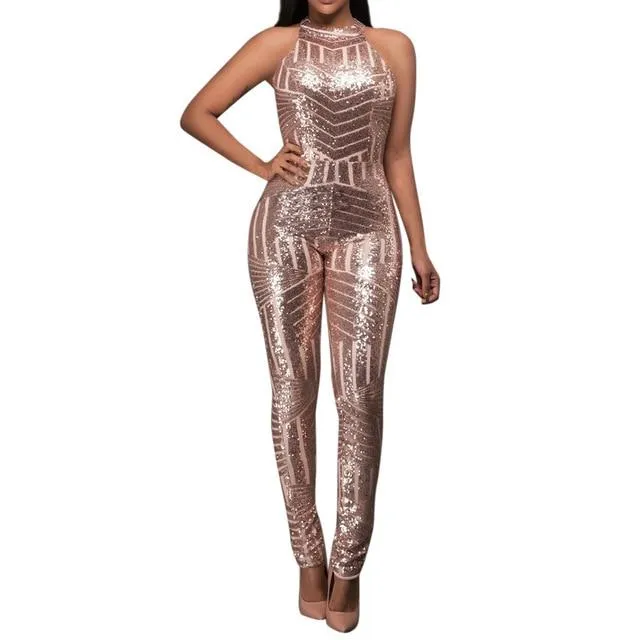 Sequin O-Neck Sequin Sleeveless Jumpsuit