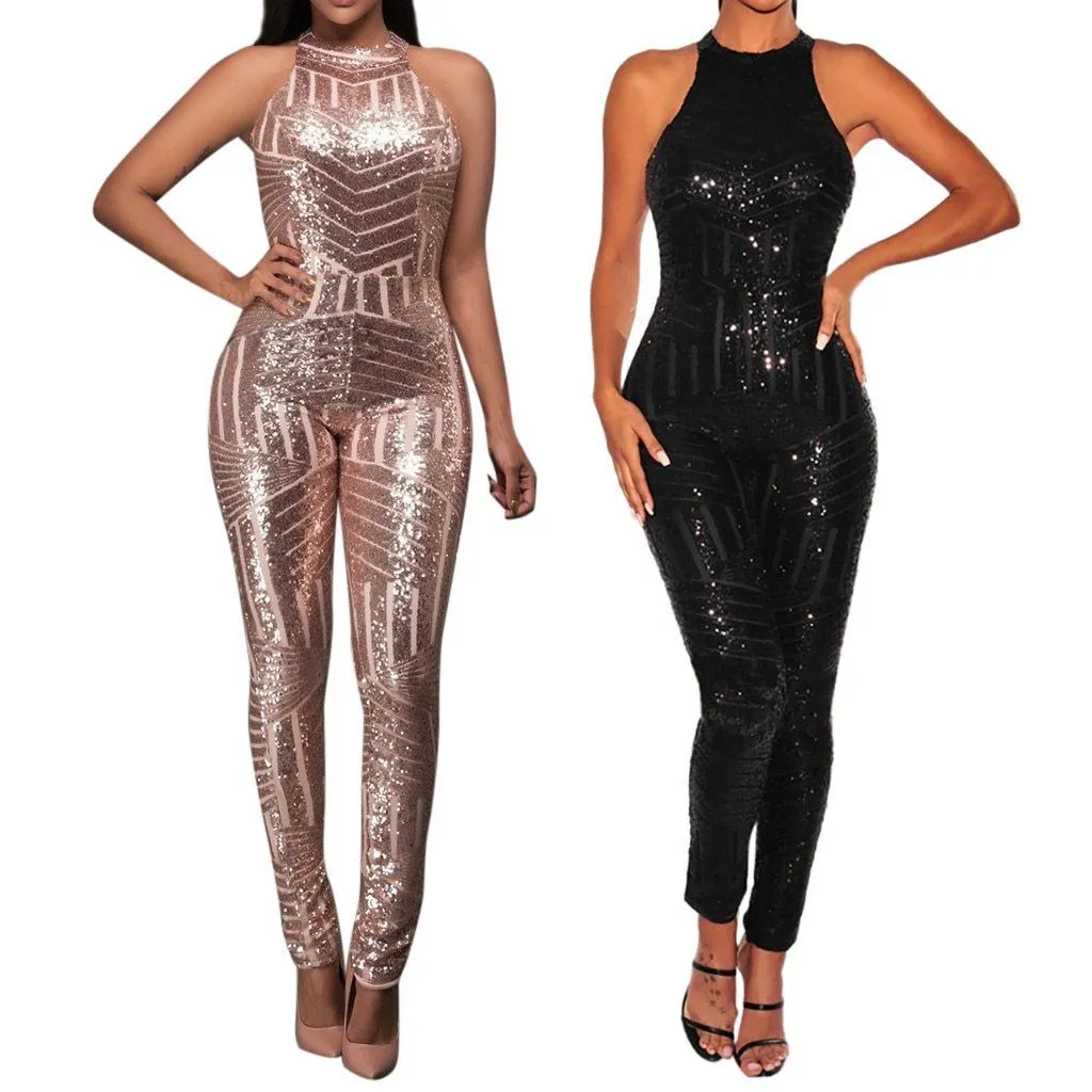 Sequin O-Neck Sequin Sleeveless Jumpsuit