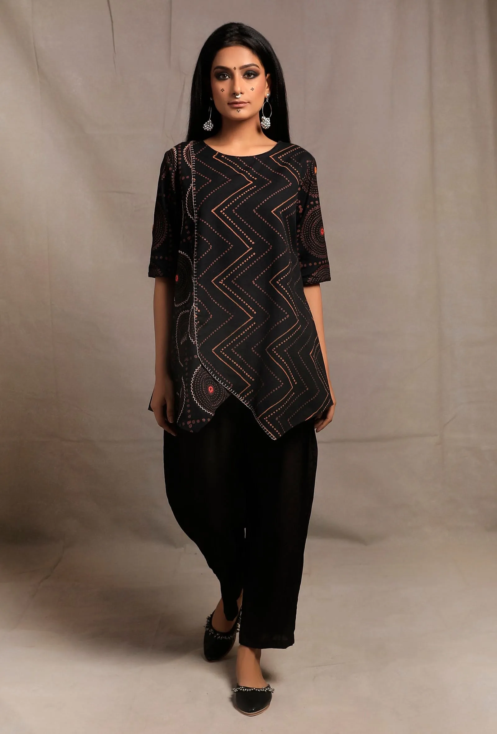 Set of 2: Black Hand Block Printed & Embroidered Short Tunic with Black Flex Narrow Pants