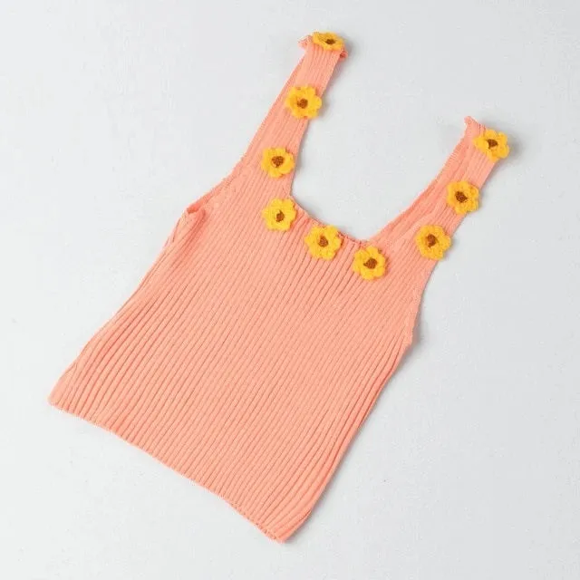 Sexy Flower Knitted Vest Solid Color Slim Square Collar Casual Sleeveless