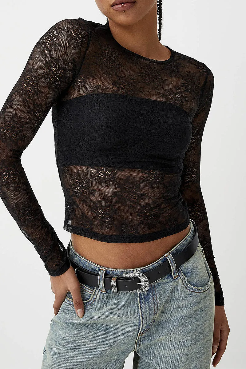 Sexy Patchwork See-Through O Neck Tops