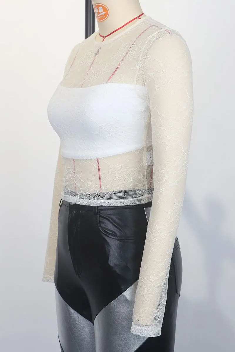 Sexy Patchwork See-Through O Neck Tops