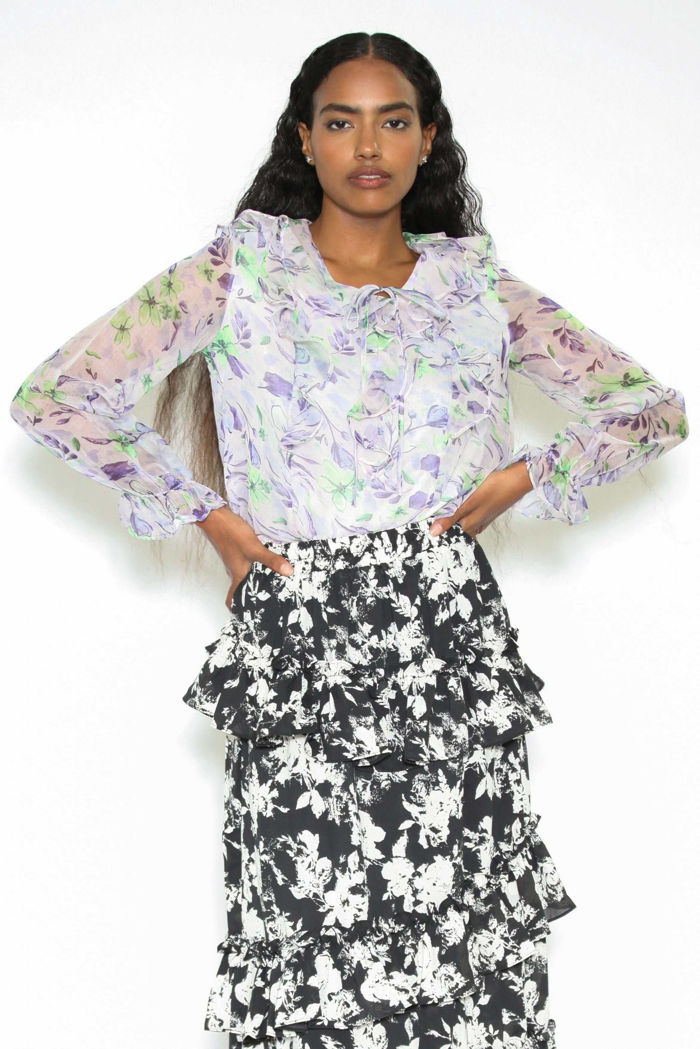 Silk Organza Printed Ruffled Floral Blouse