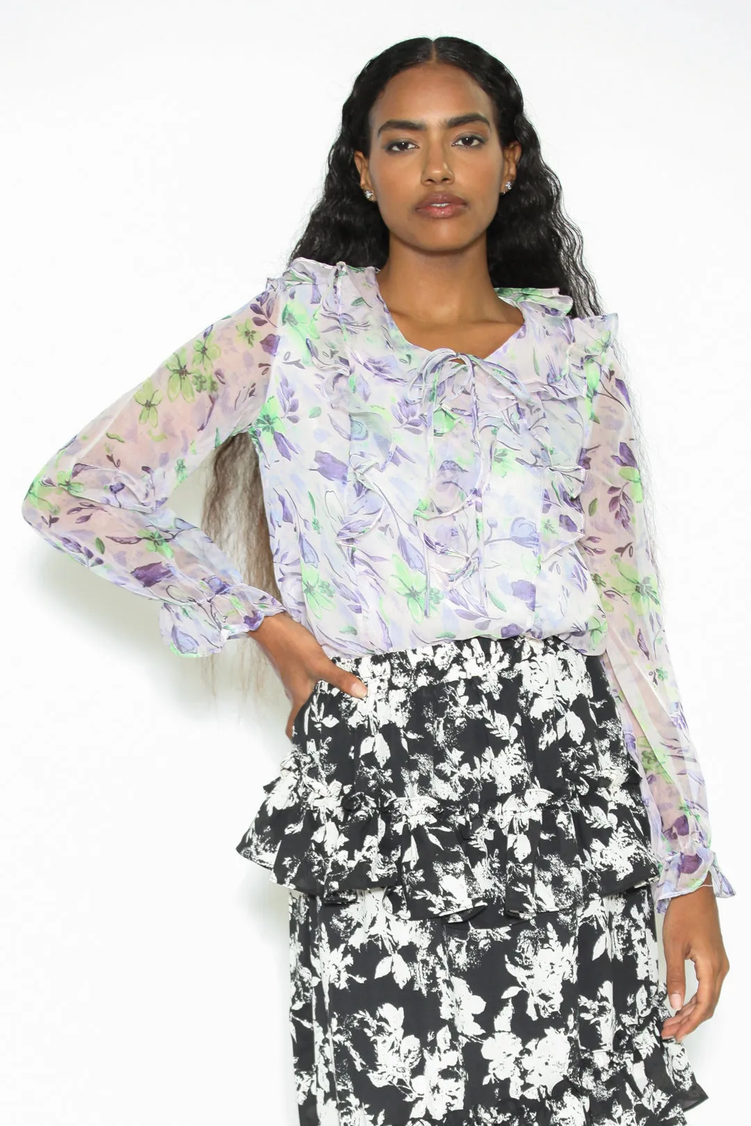 Silk Organza Printed Ruffled Floral Blouse