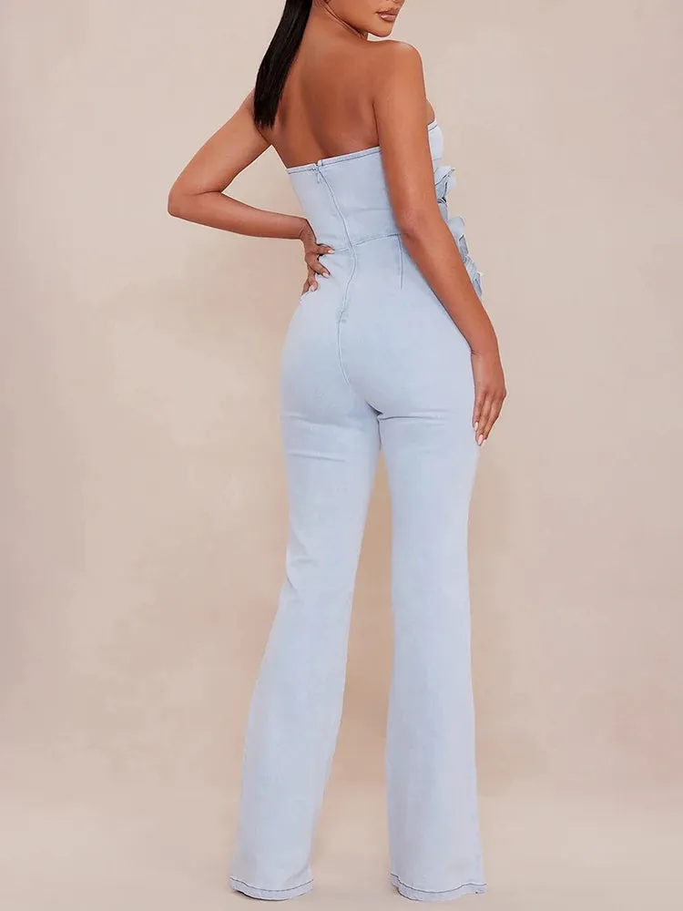 Solid Spliced Appliques Elegant Jumpsuits For Women Strapless Sleeveless Slimming Chic Flare Jumpsuit Female Fashion Style