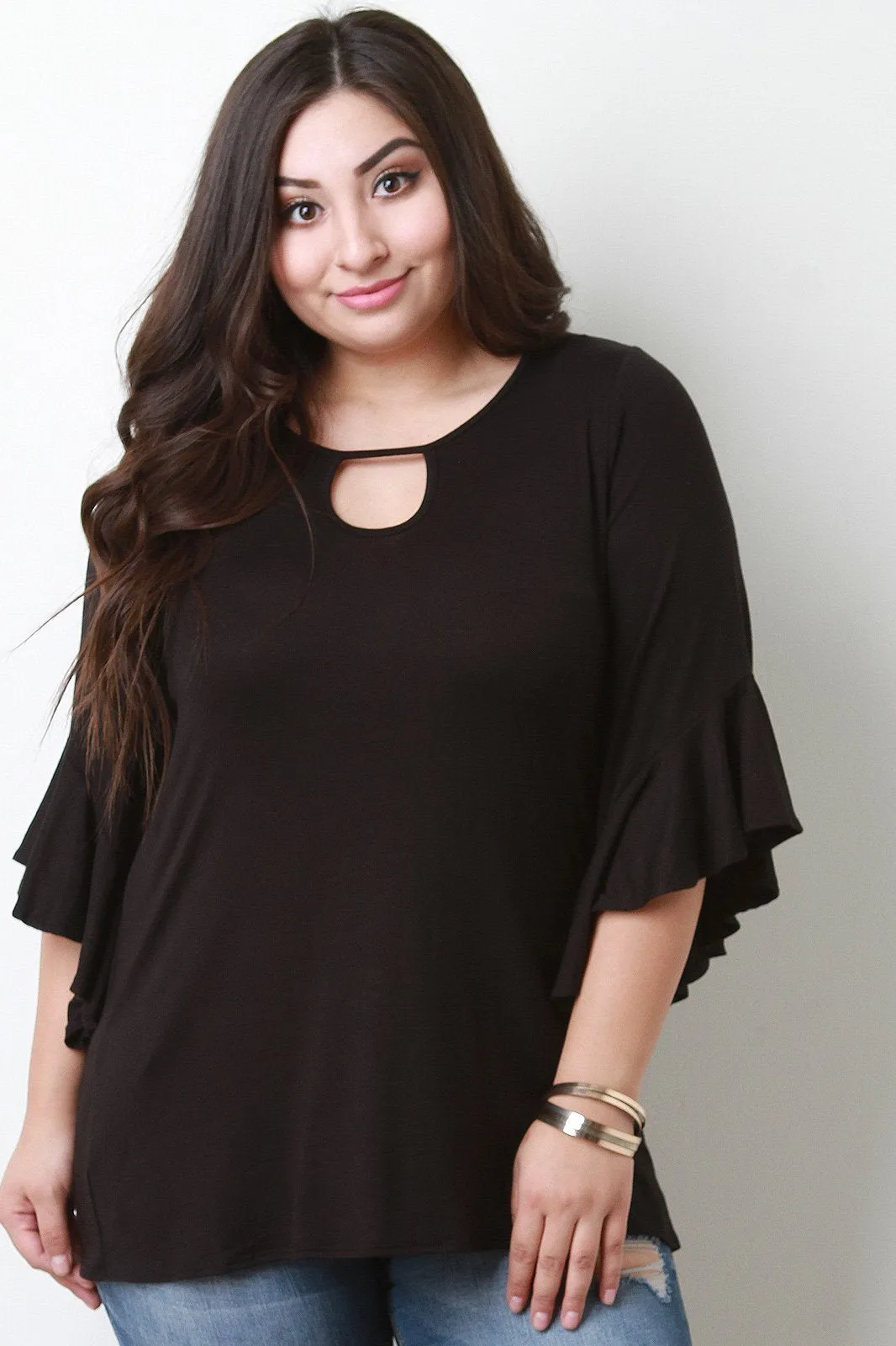 Stretch Knit Keyhole Ruffle Bell Sleeve Top