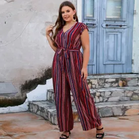 Stripe Belted Jumpsuit with Wide Leg Pants - Trendy Bohemian Style - Plus Size Available