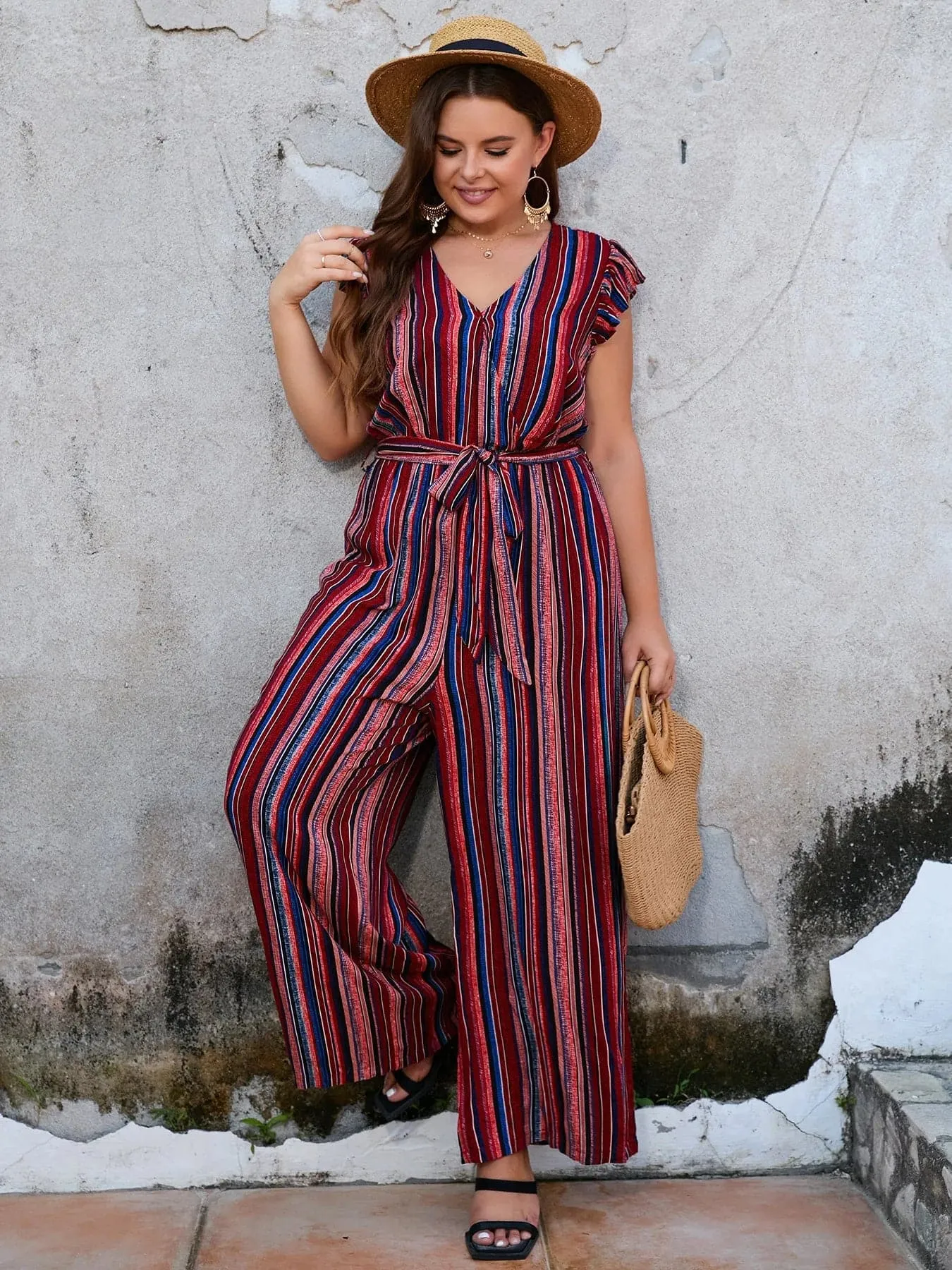 Stripe Belted Jumpsuit with Wide Leg Pants - Trendy Bohemian Style - Plus Size Available