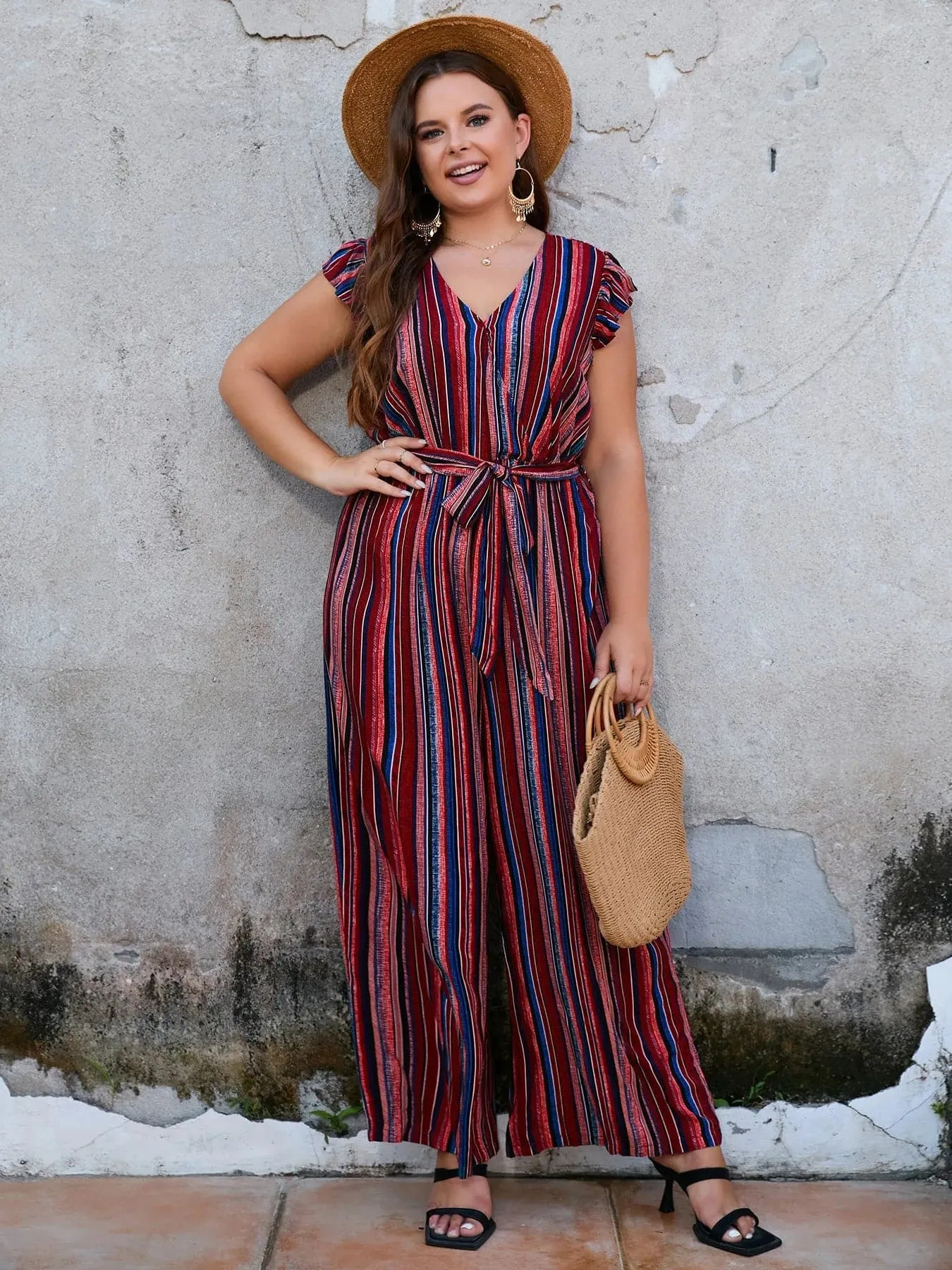 Stripe Belted Jumpsuit with Wide Leg Pants - Trendy Bohemian Style - Plus Size Available