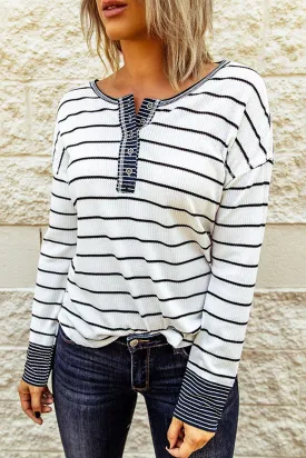 Striped Waffle Knit Henley Long Sleeve Top