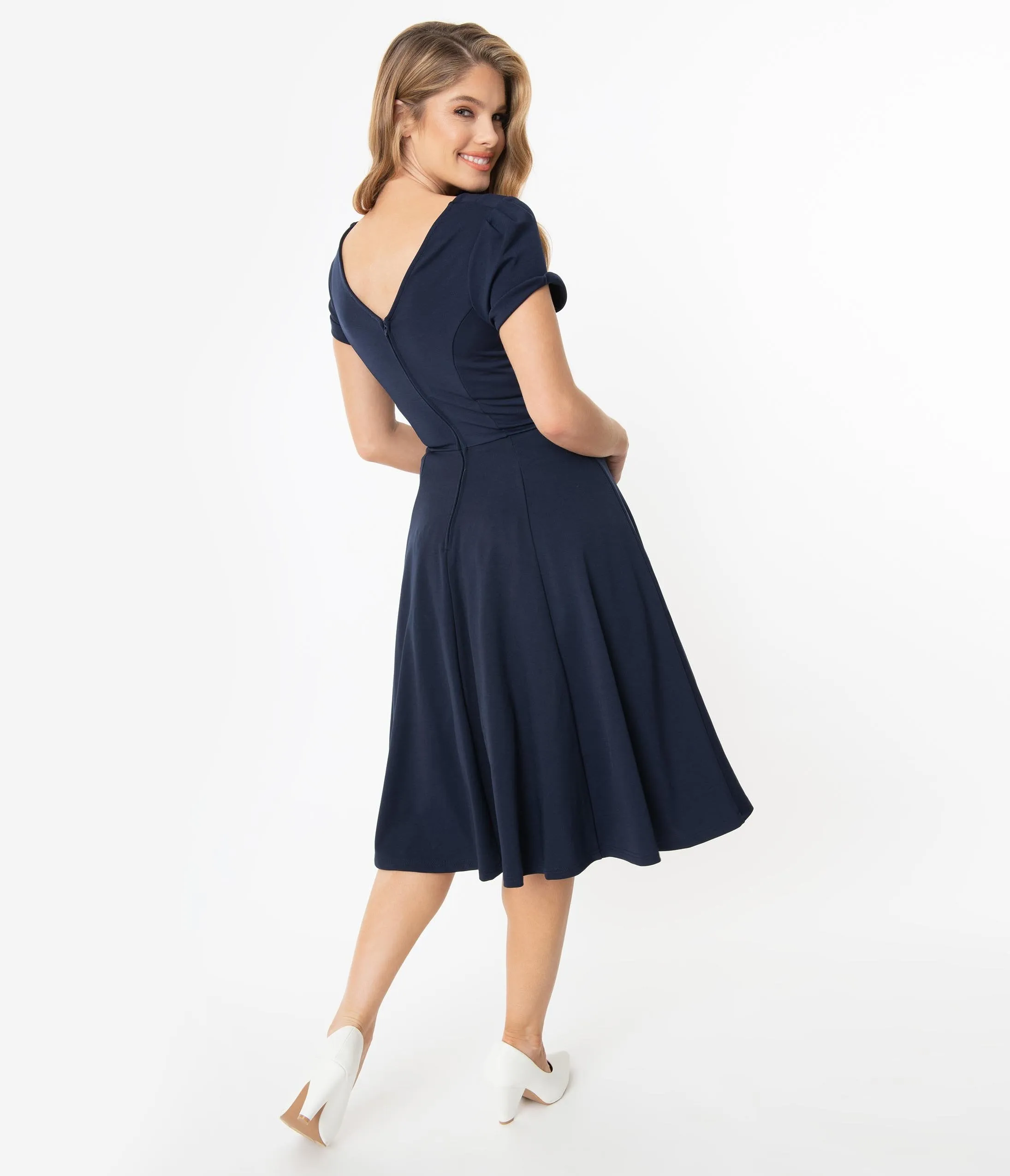 Unique Vintage 1940s Style Navy Blue Natalie Swing Dress