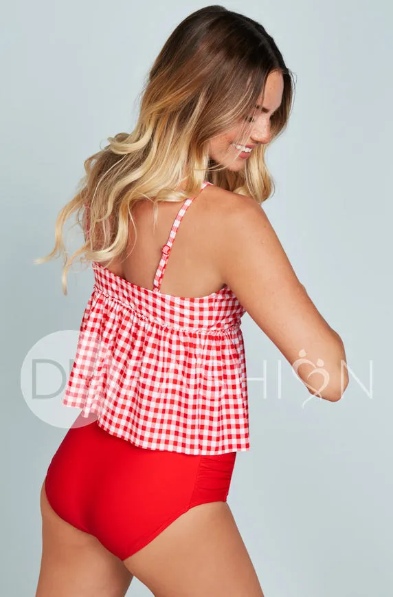 V Peplum Tankini Top - Red Gingham