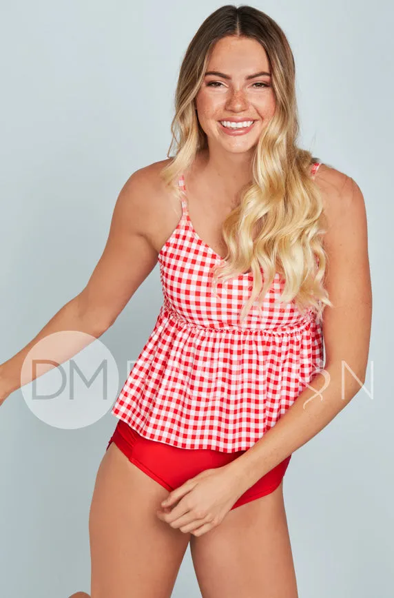 V Peplum Tankini Top - Red Gingham