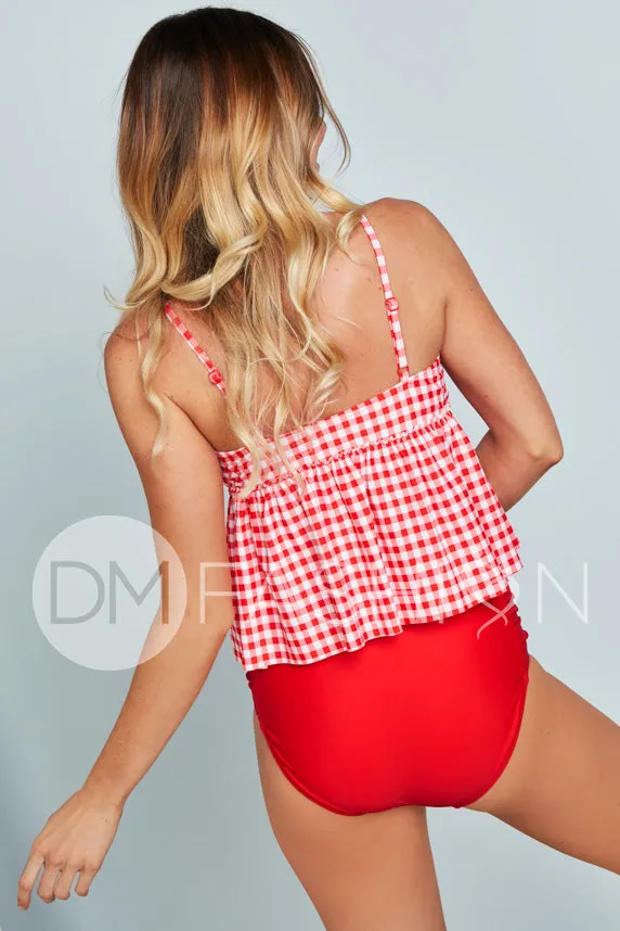 V Peplum Tankini Top - Red Gingham