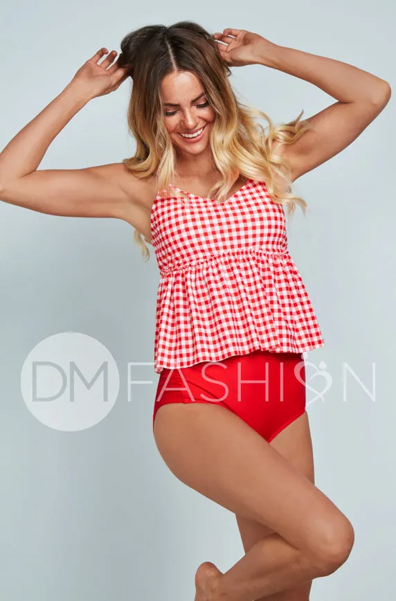 V Peplum Tankini Top - Red Gingham