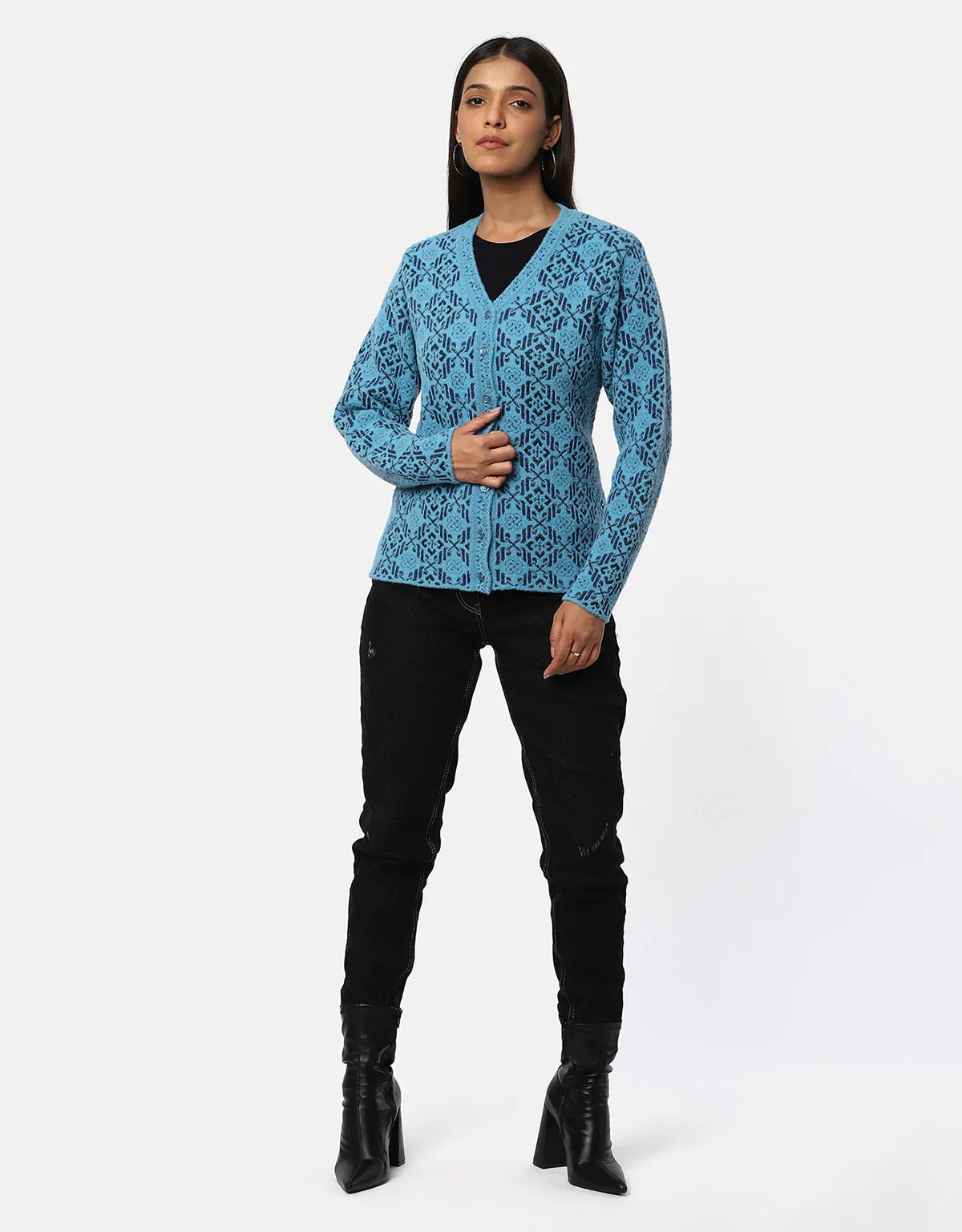 Women Woolen V-Neck Fancy Cardigan