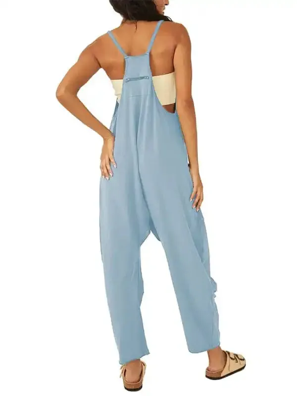 Women’s casual solid color V-neck suspender pocket jumpsuit