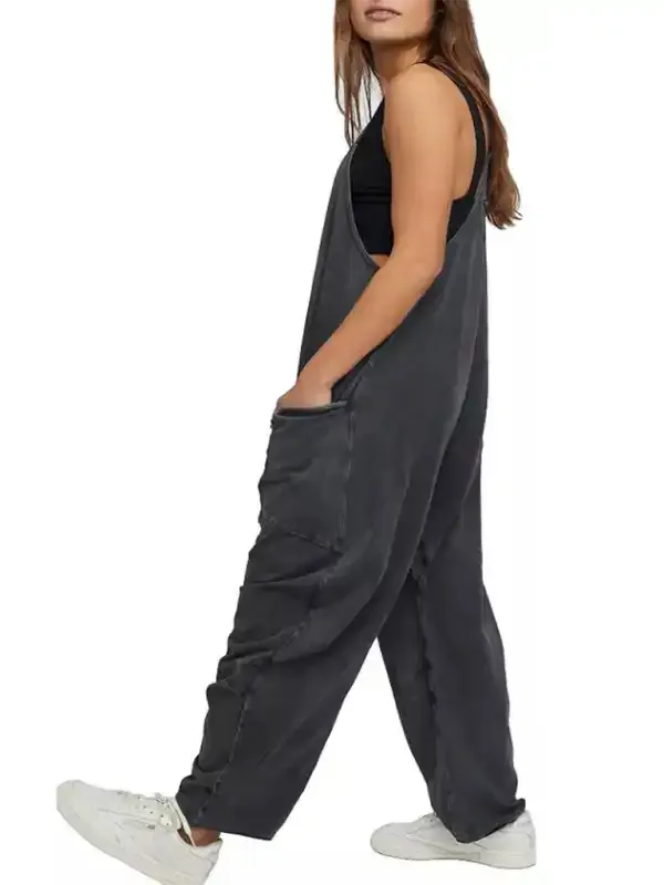 Women’s casual solid color V-neck suspender pocket jumpsuit