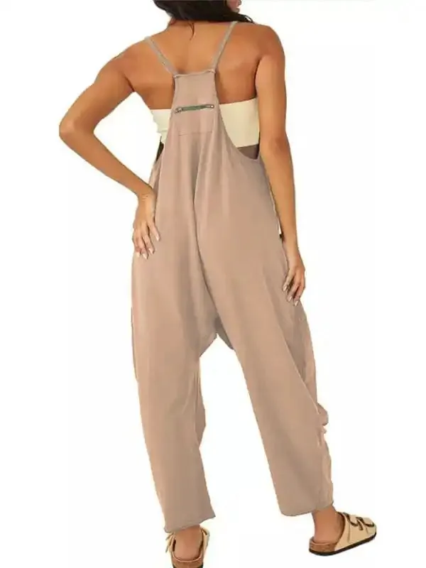 Women’s casual solid color V-neck suspender pocket jumpsuit