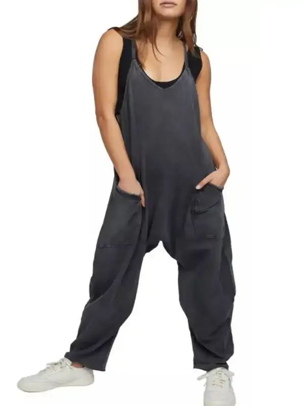 Women’s casual solid color V-neck suspender pocket jumpsuit