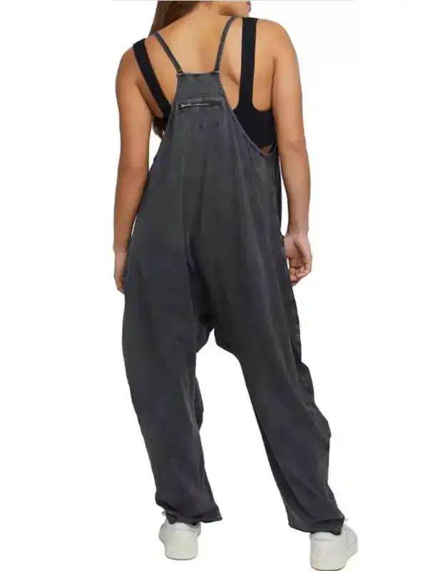 Women’s casual solid color V-neck suspender pocket jumpsuit